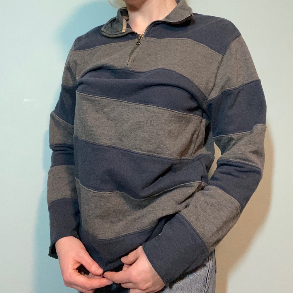Matt Totillo Mens Large 1/4 Zip Sweater Cotton Thick Horizontal Stripes Rugby